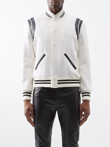 saint laurent - teddy leather-trim wool-blend bomber jacket - mens - white black