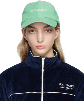 sporty & rich green serif logo cap in white