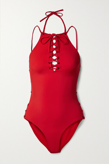 balenciaga - lace-up halterneck swimsuit - red