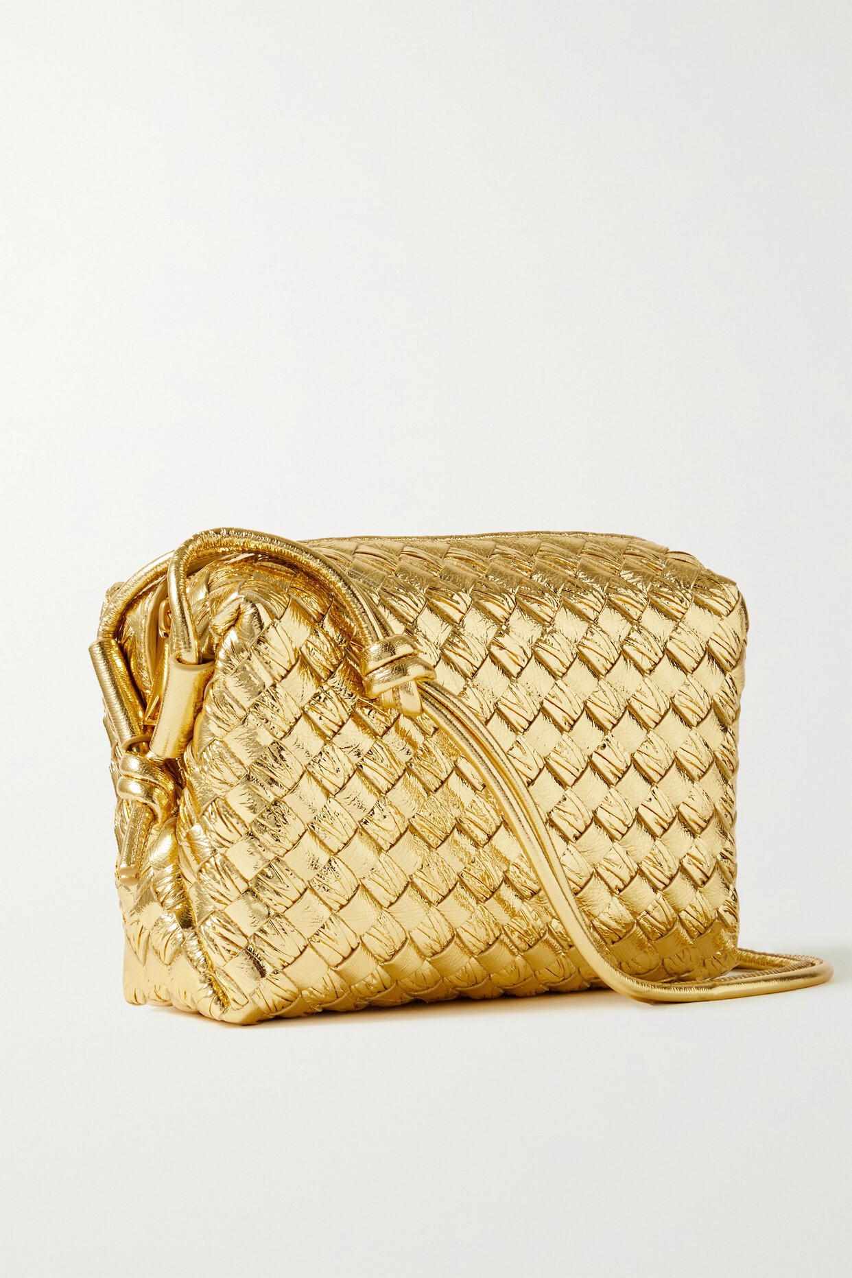 Bottega Veneta - Loop Intrecciato Metallic Crinkled-leather Shoulder Bag - Gold