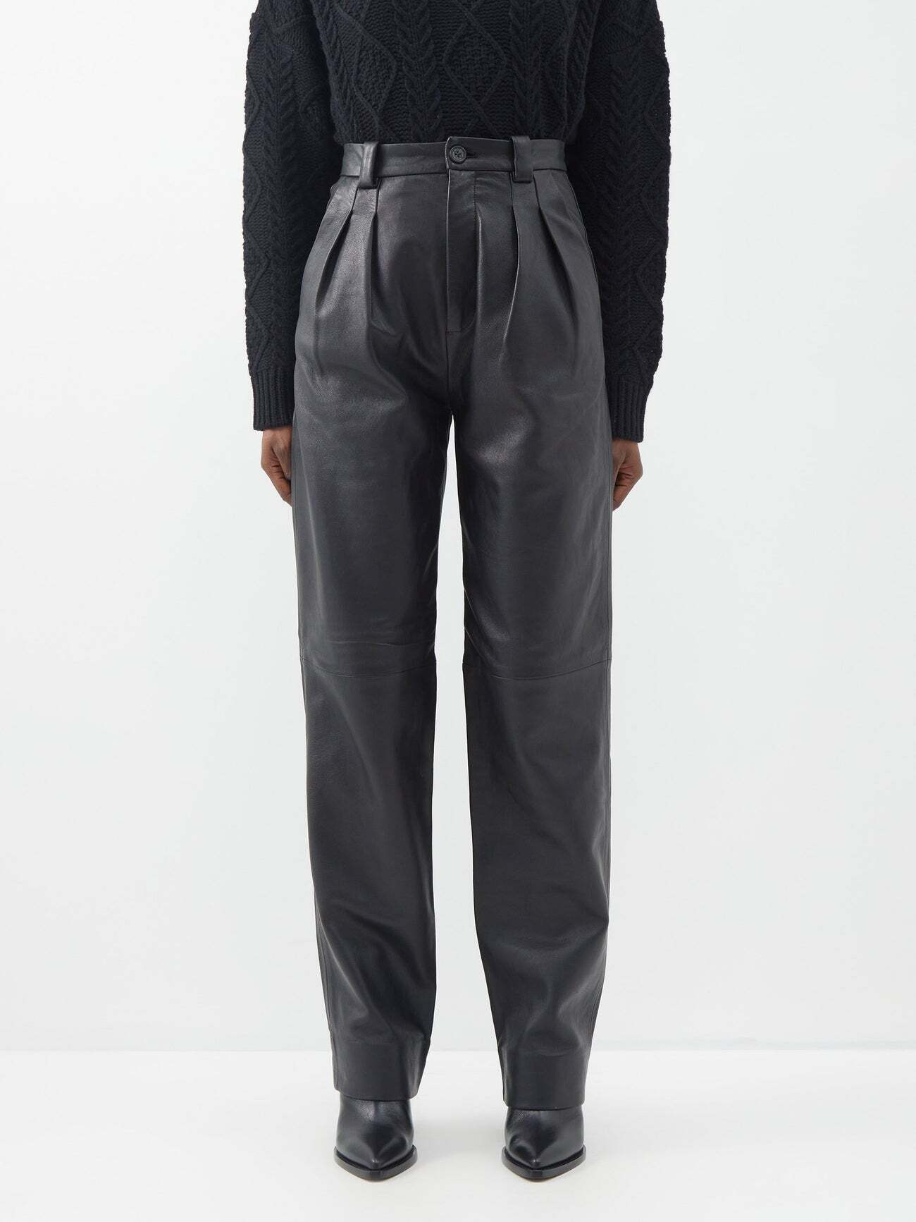 Nili Lotan - Etienne Pleated Leather Trousers - Womens - Black