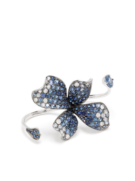 Stefere 18kt white gold diamond sapphire flower ring in silver