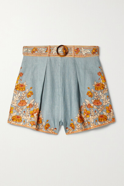 Zimmermann - Andie Belted Pleated Floral-print Linen Shorts - Blue