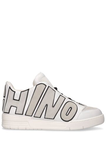 moschino logo leather mid top sneakers in white / beige