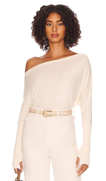 Enza Costa Cashmere Cuffed Off Shoulder Long Sleeve Top in Cream in natural
