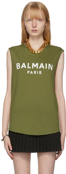 Balmain Green & White Three-Button Logo Tank Top