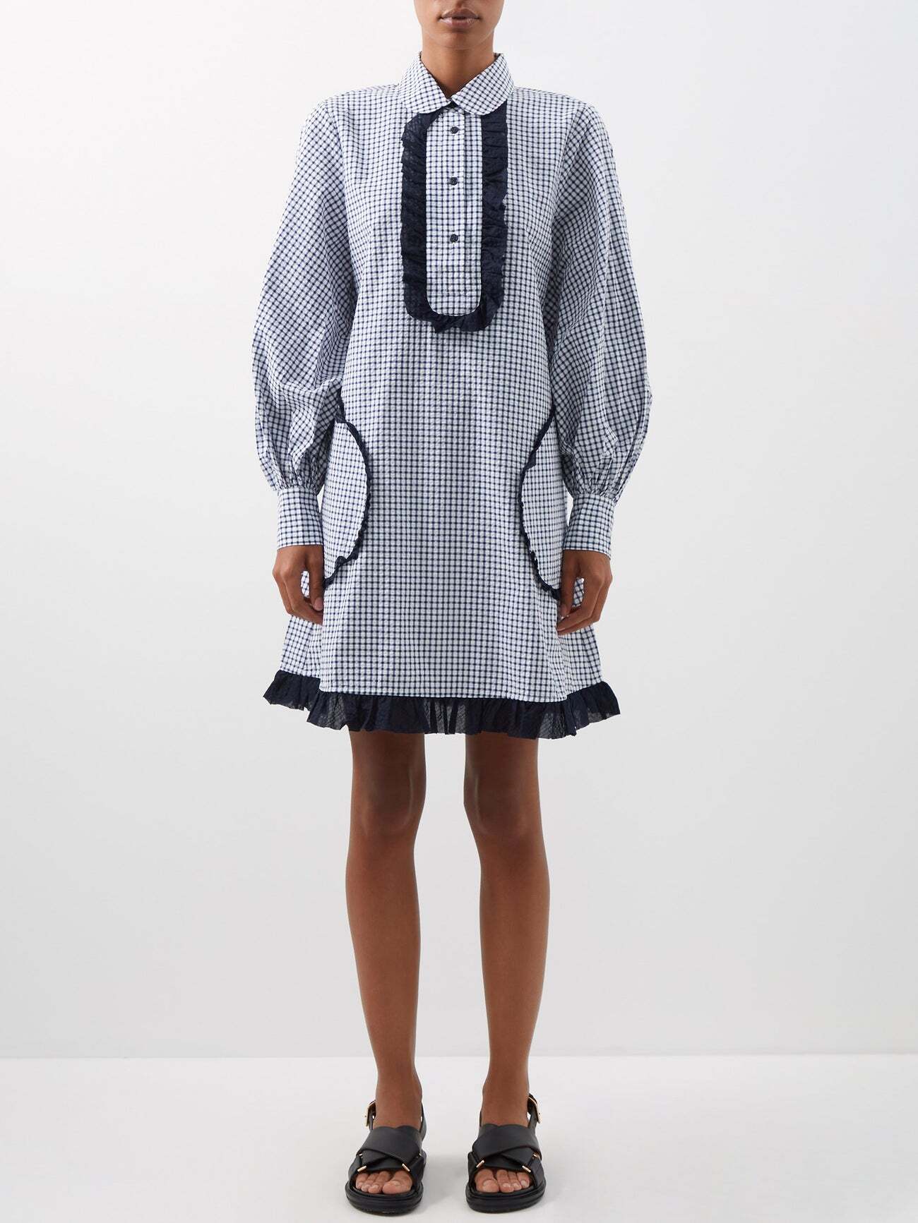 Lee Mathews - Olive Gingham Cotton Mini Shirt Dress - Womens - Navy White