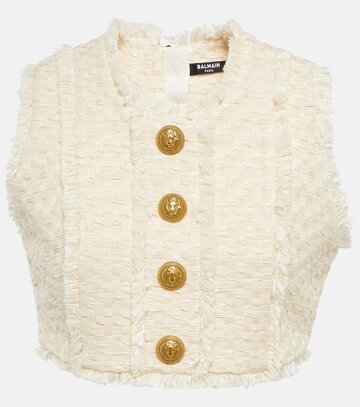 Balmain Cotton-blend tweed crop top in white