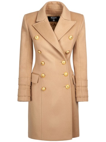 BALMAIN Wool Cashmere Double Breasted Short Coat in camel